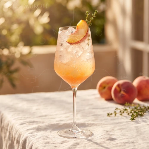 Summer Honey Peach Sparkler cocktail made with LYUBOMIROFF Honey Liqueur