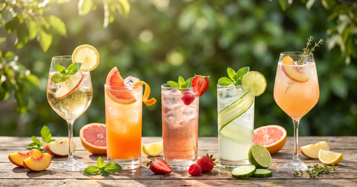 Five refreshing summer cocktails made with honey liqueur, including an apple spritz, citrus cooler, berry fizz, cucumber cooler, and peach sparkler, served outdoors in natural summer light.