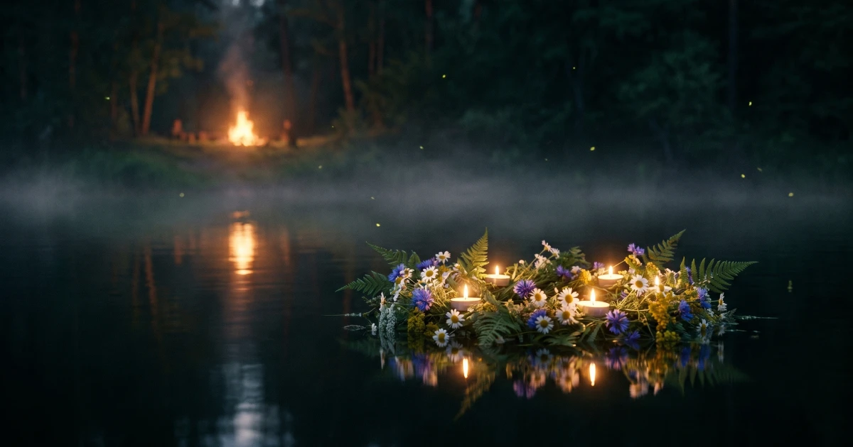 A flower wreath with a lit candle floating on a river at night during the Ivana Kupala celebration.