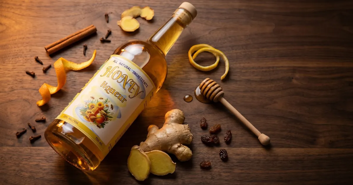 LYUBOMIROFF Honey Liqueur bottle surrounded by natural          botanicals — cinnamon, cloves, ginger, orange peel