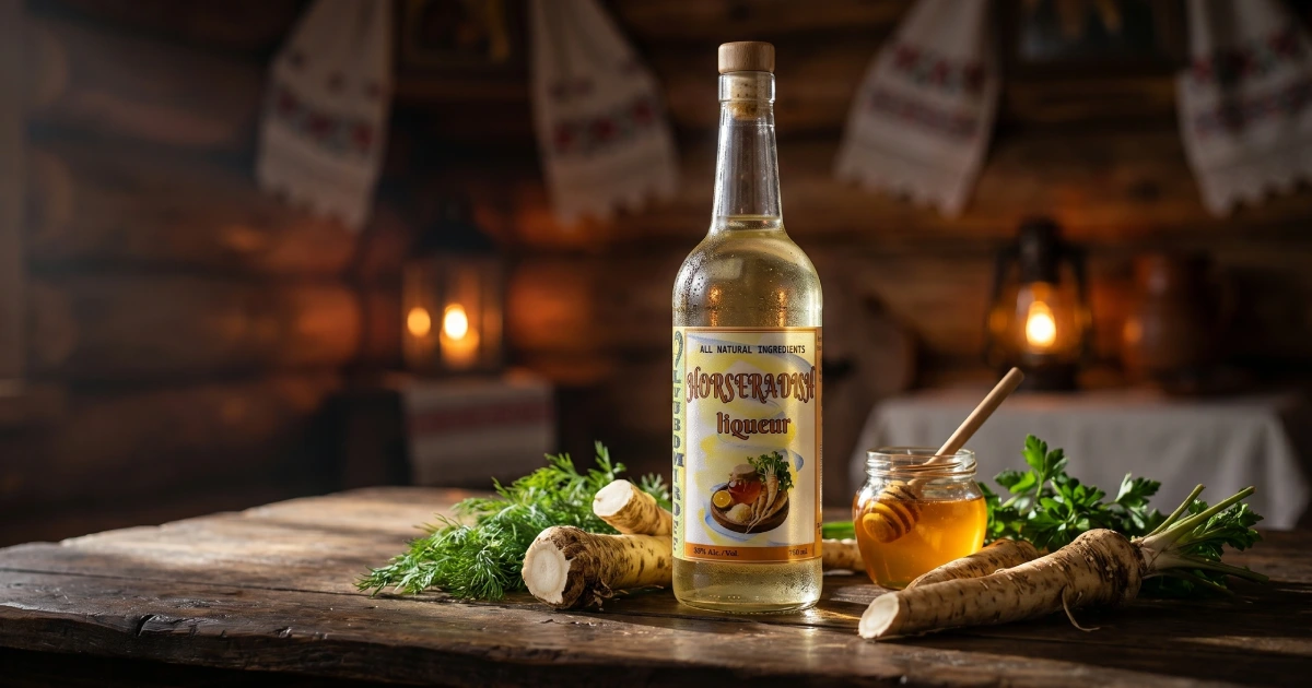 LYUBOMIROFF Horseradish Liqueur bottle with fresh horseradish root on a dark wooden table