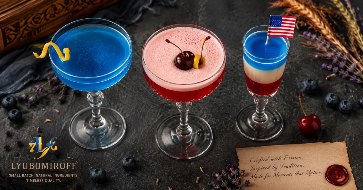 Red, white and blue layered cocktails for Independence Day made with LYUBOMIROFF spirits