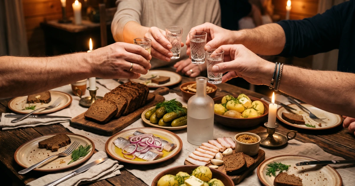 Hands raising shot glasses in a traditional Slavic          toast over a table spread with zakuski appetizers