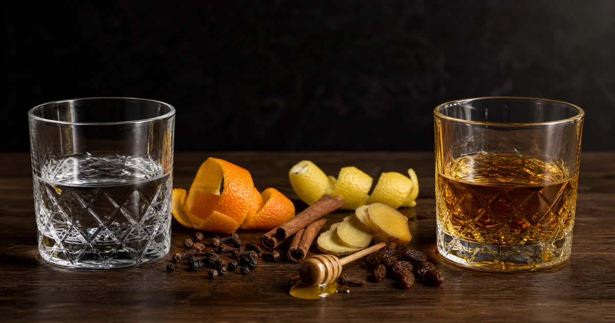 Clear vodka beside amber craft liqueur with natural botanicals illustrating the difference between liquor and liqueur.