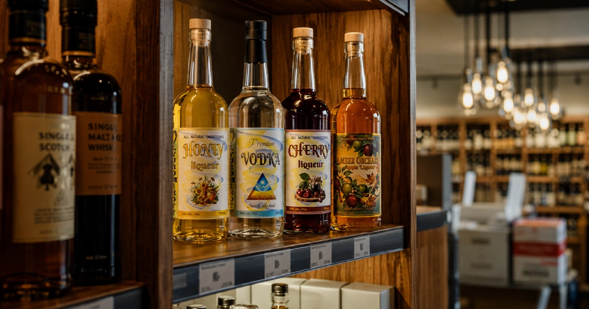 LYUBOMIROFF Honey Liqueur, Vodka, Cherry Liqueur, and Amber Orchard on a retail shelf at an independent New Jersey spirits shop