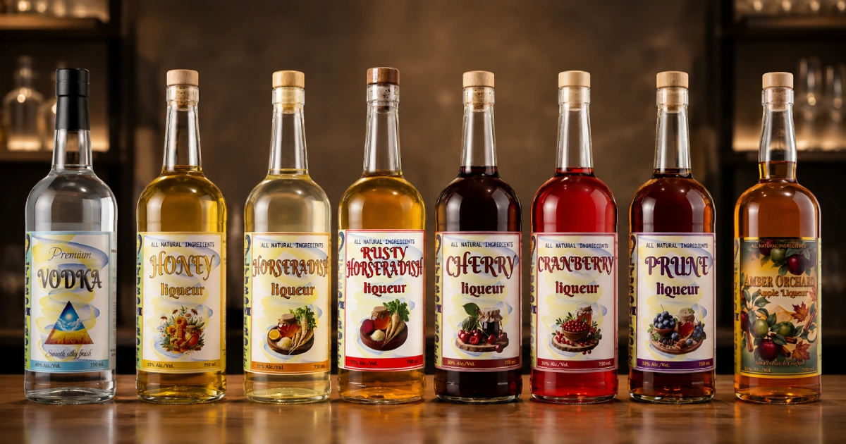 The LYUBOMIROFF lineup — vodka and six craft liqueurs made with natural ingredients, available at select retailers across New Jersey