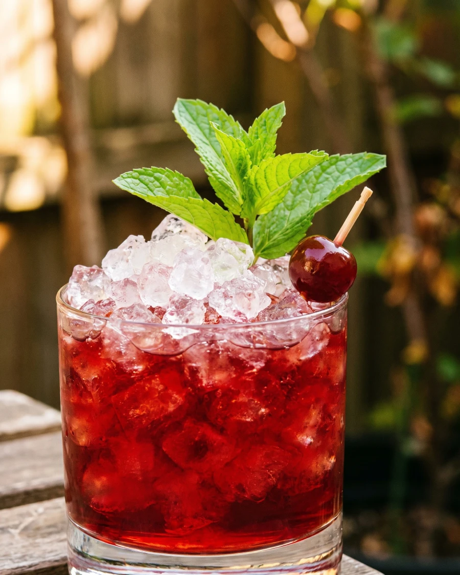 A cherry and honey smash in a rocks glass filled with crushed ice — deep rich ruby-red color, fresh mint sprig and a cherry on top