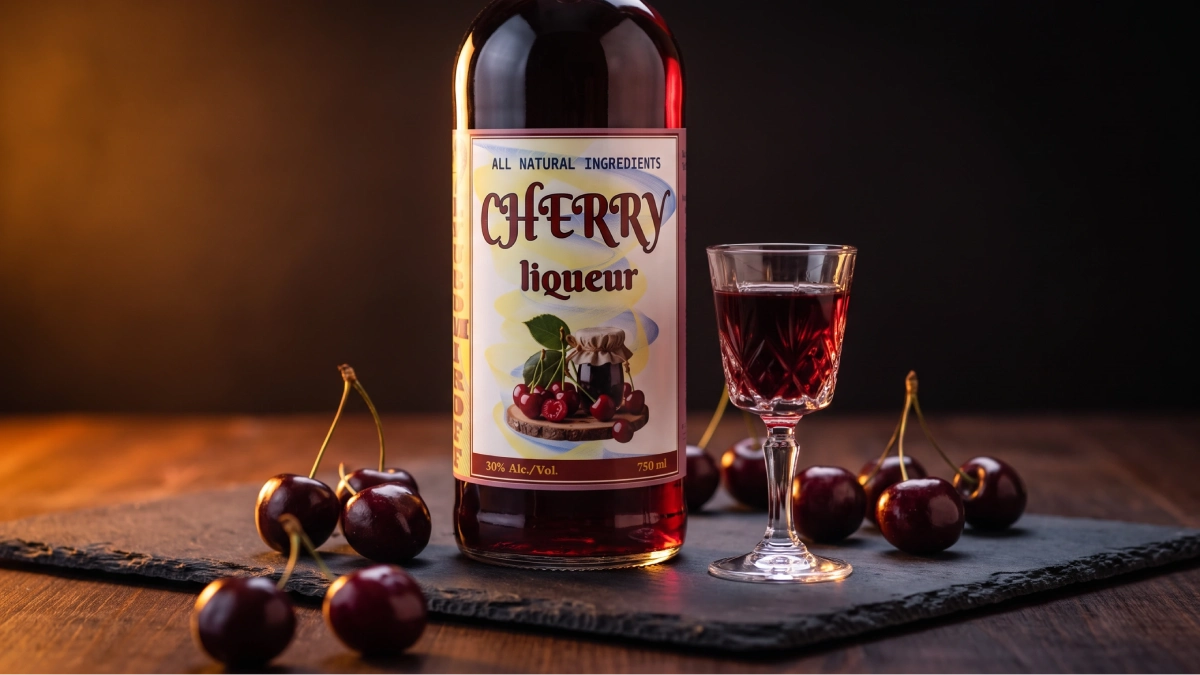 LYUBOMIROFF Cherry Liqueur bottle with fresh dark cherries and a small crystal shot glass on a dark wooden surface