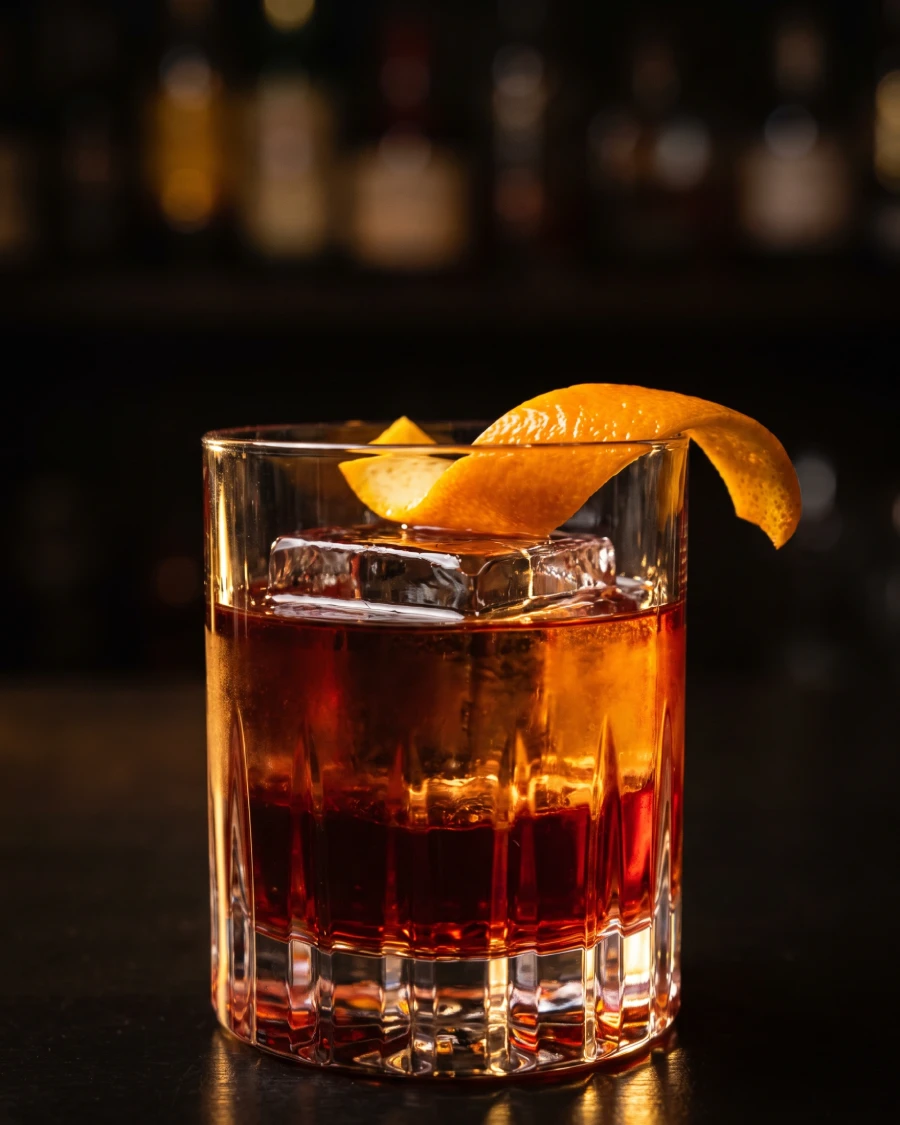 A cherry negroni in a rock glass over an ice cube — dark garnet-red with subtle ruby highlights liquid