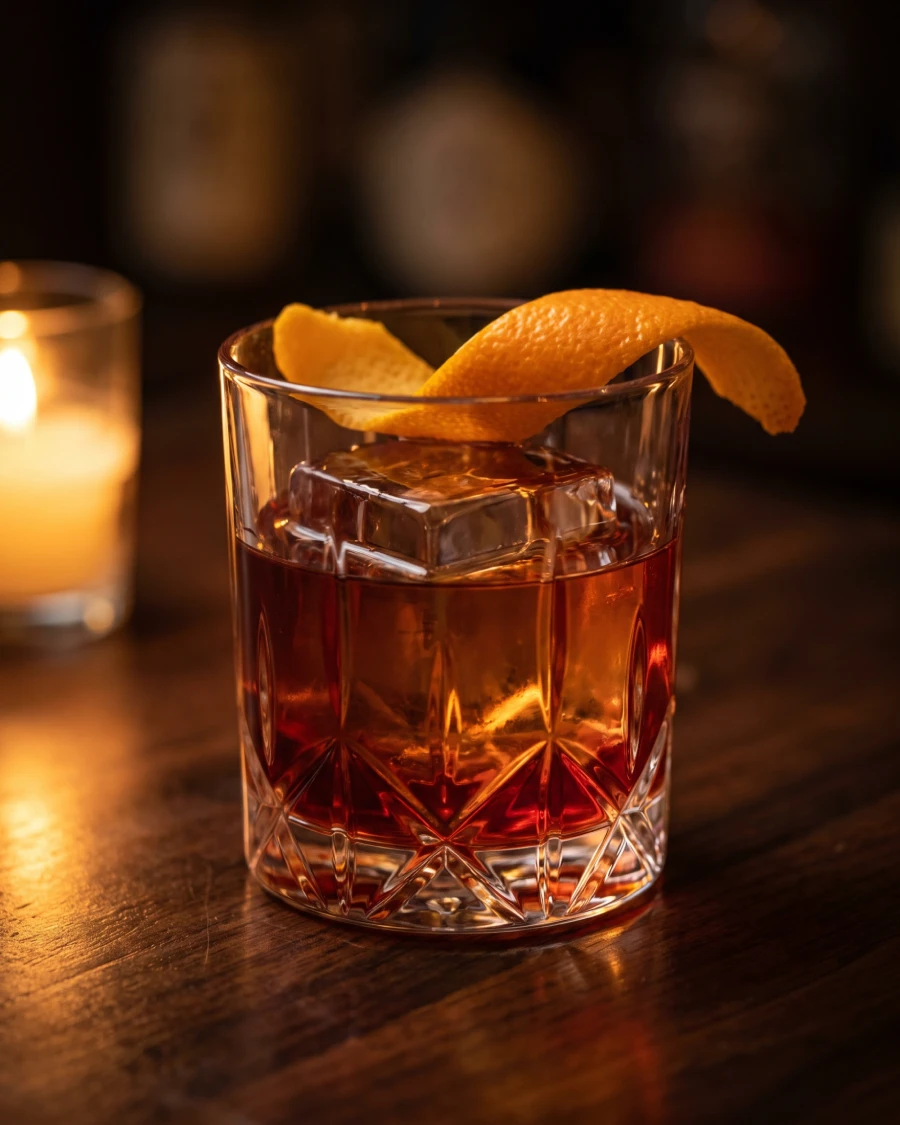 A cherry old fashioned in a rocks glass over a single large ice cube — dark amber-red  liquid, orange peel twist