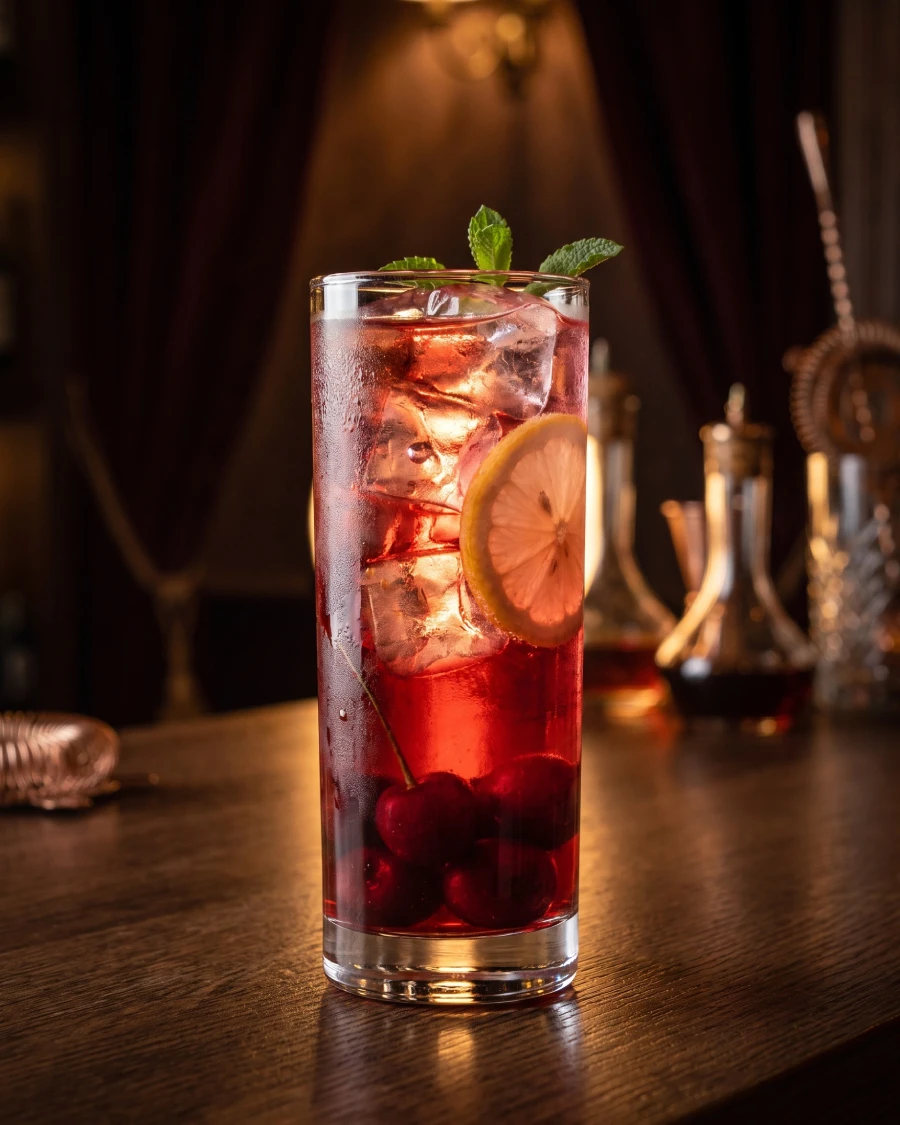 A cherry vodka sparkler in a highball glass over an ice cubes — bright luminous ruby  liquid