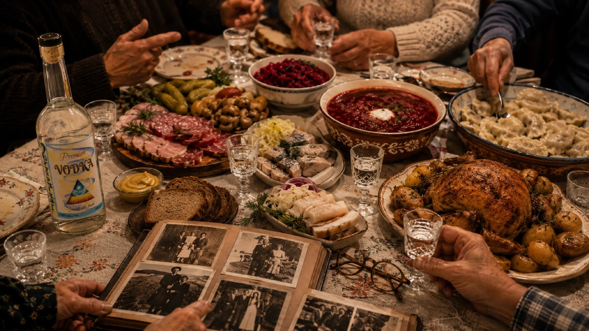 A Slavic family dinner table mid-evening — an open family photo album surrounded by borscht, zakuski, and crystal shot glasses, as the conversation turns from toasts to memories.