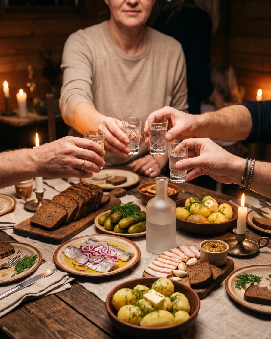 Raised shot glasses in a traditional Slavic toast — hands and crystal glasses caught mid-clink over a candlelit table