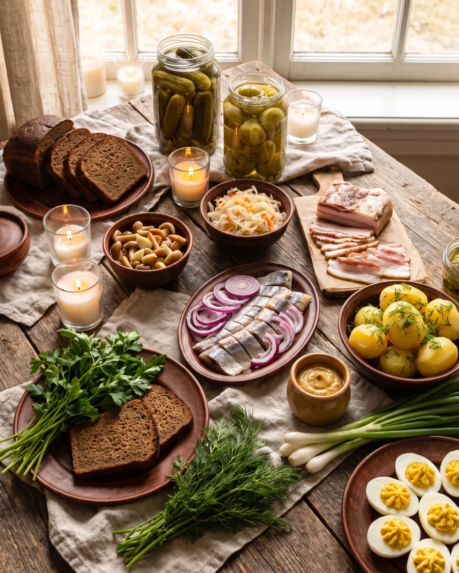Traditional zakuski spread — dark rye bread, pickled cucumbers, pickled green tomatoes, garlic-marinated mushrooms, and tangy sauerkraut, salted herring with sliced onions, salo, boiled potatoes with fresh dill, mustard, filled hard-boiled eggs, fresh herbs