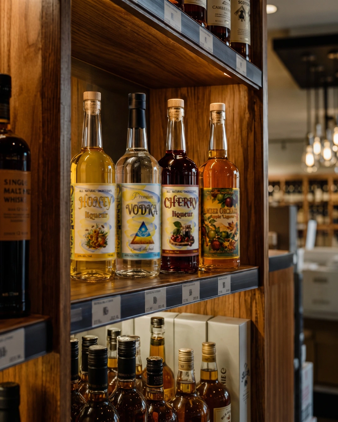LYUBOMIROFF Honey Liqueur, Vodka, Cherry Liqueur, and Amber Orchard Apple Liqueur displayed on a liquor store shelf