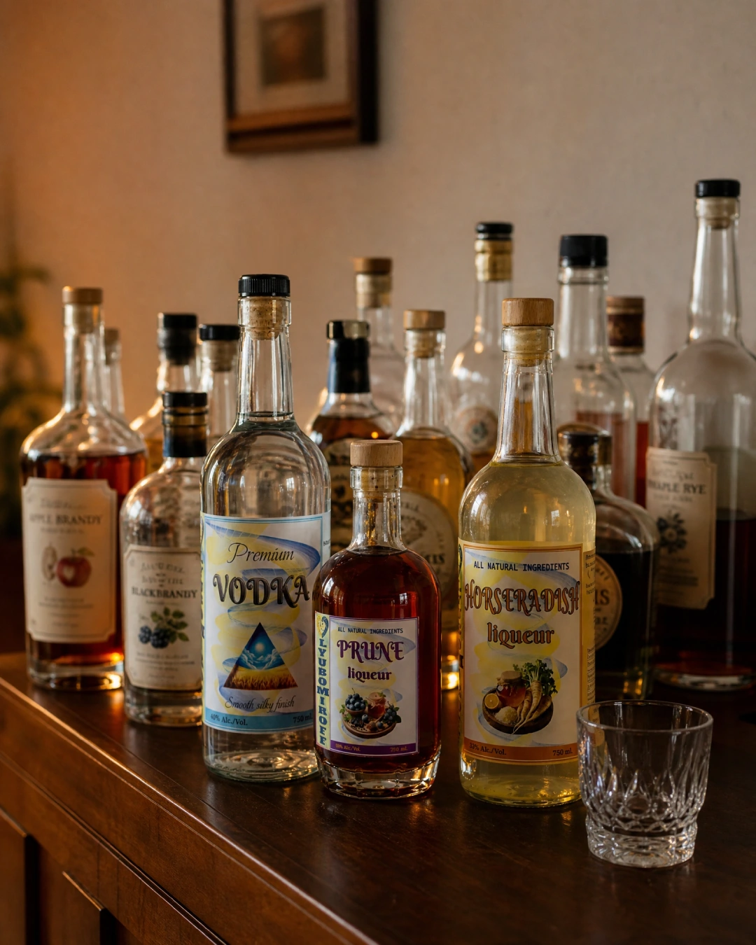 A small selection of craft spirit bottles on a home bar shelf — different styles and colors representing the range of New Jersey-made spirits