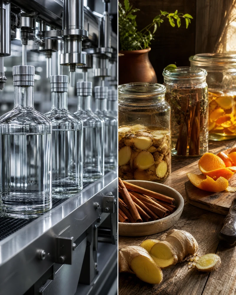 Side-by-side comparison of industrial liquor bottling and artisan craft liqueur production featuring fresh botanicals, infused ingredients, and hand-filled bottles.