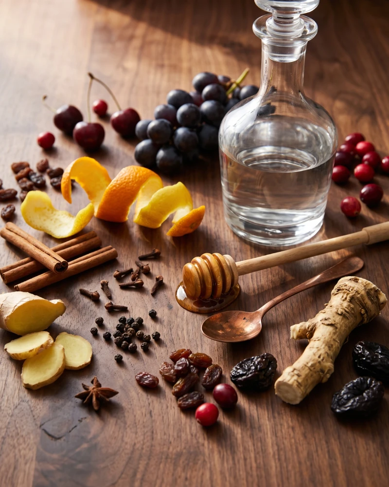 Natural botanicals used in craft liqueur production — orange peel, cloves, cinnamon, ginger and dried fruits on a dark surface