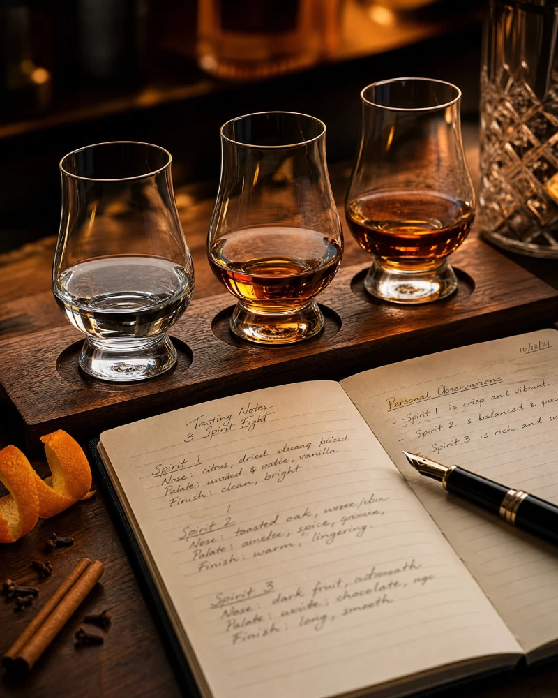 Professional tasting flight of spirits with three glasses, tasting notes, and natural botanicals demonstrating how craft liqueurs are evaluated for aroma and flavor.