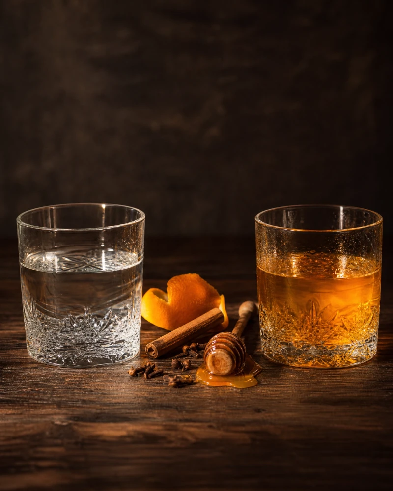 Two glasses side by side — clear vodka and rich amber liqueur, illustrating the difference between liquor and liqueur