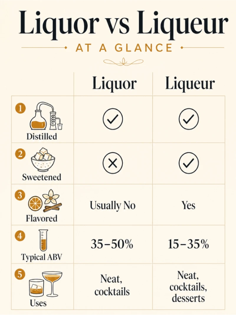 Infographic comparing liquor and liqueur — distillation, sweetness, ABV, uses and examples at a glance