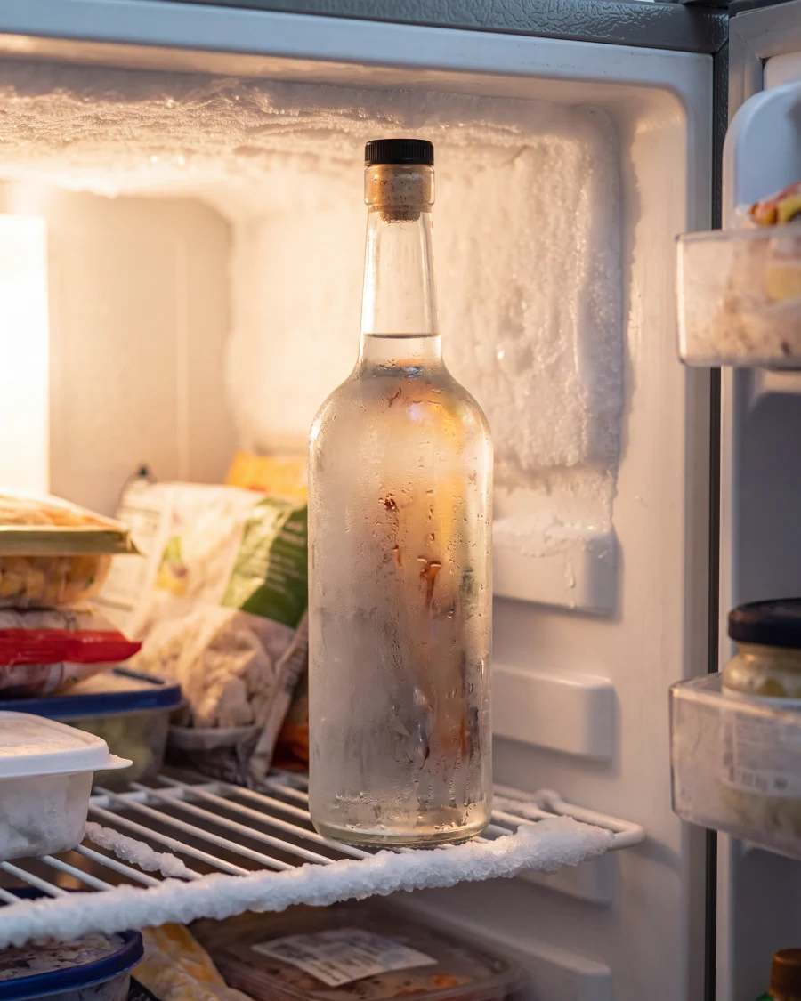 A chilled vodka bottle ready to be served according to tradition.